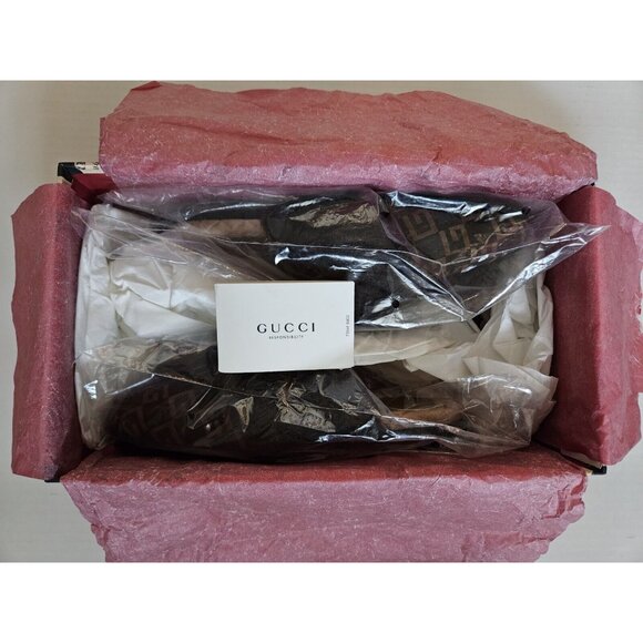 NEW GUCCI Men\'s Square G Fur Slippers Brown GG Monogram Slides Size 8 Italy